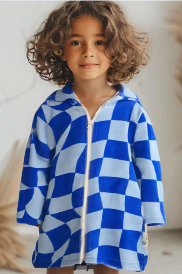 Kids Tidal Checker Hooded Towelling Robe 3-5Y