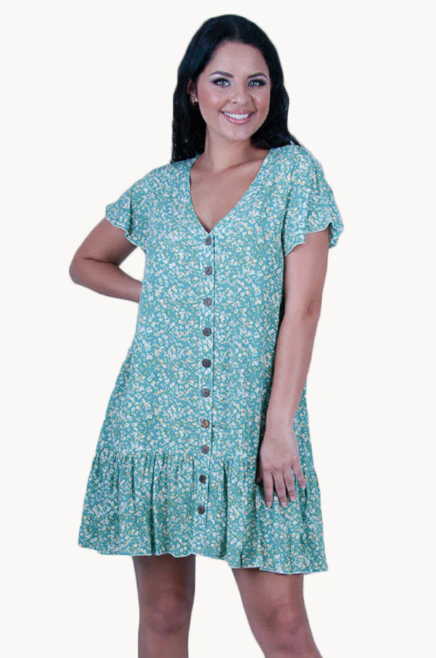 Ditsy Autumn Cap Sleeve Button Dress