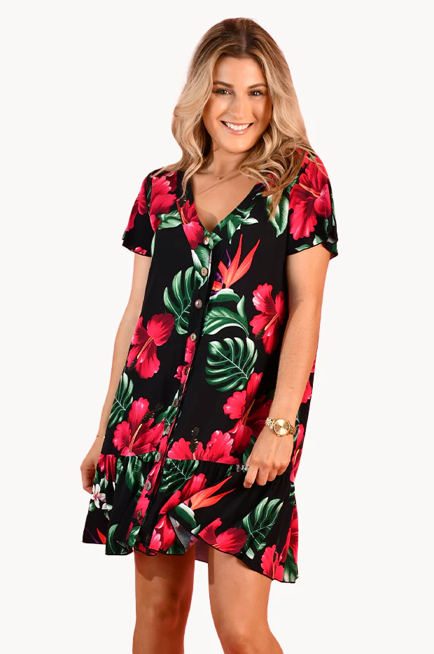 Pink Hibiscus Cap Sleeve Button Dress