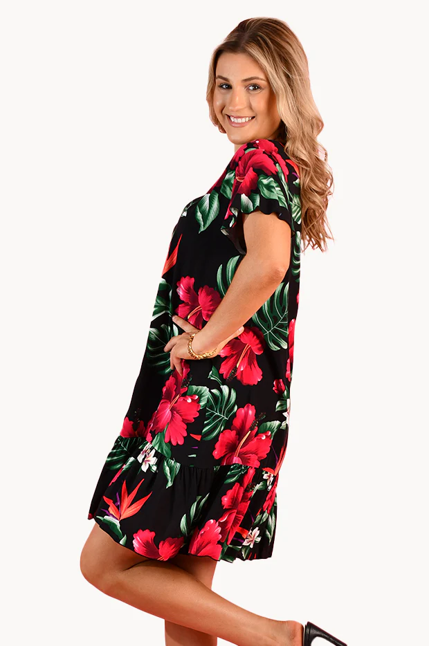 Pink Hibiscus Cap Sleeve Button Dress - Image 3
