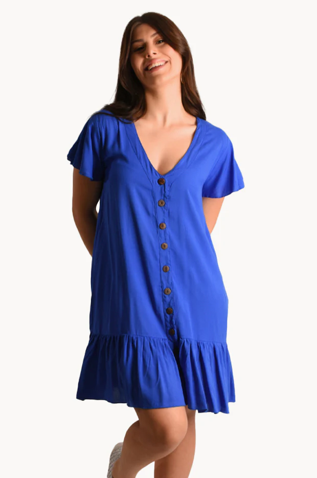 Plain Cap Sleeve Button Dress