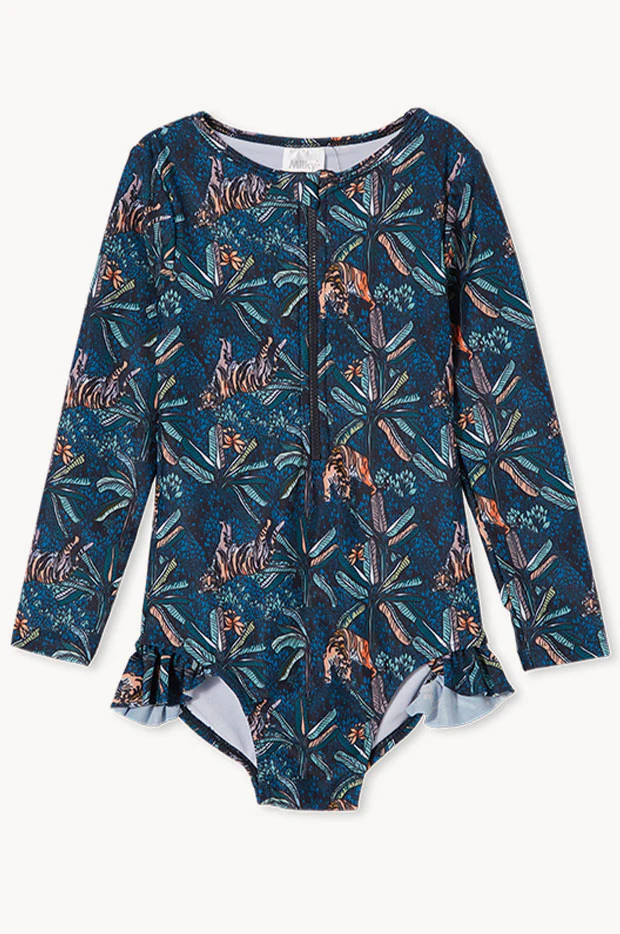 Toddler Girls Tiger Palm Frill Long Sleeve Sunsuit - Image 2