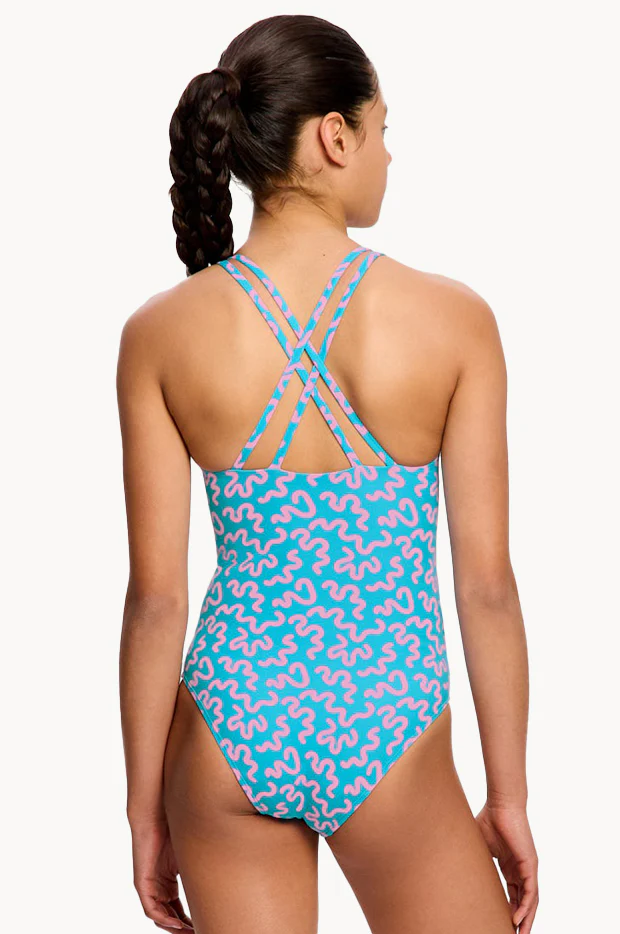 Girls Wavy Blue Cross Back One Piece - Image 2
