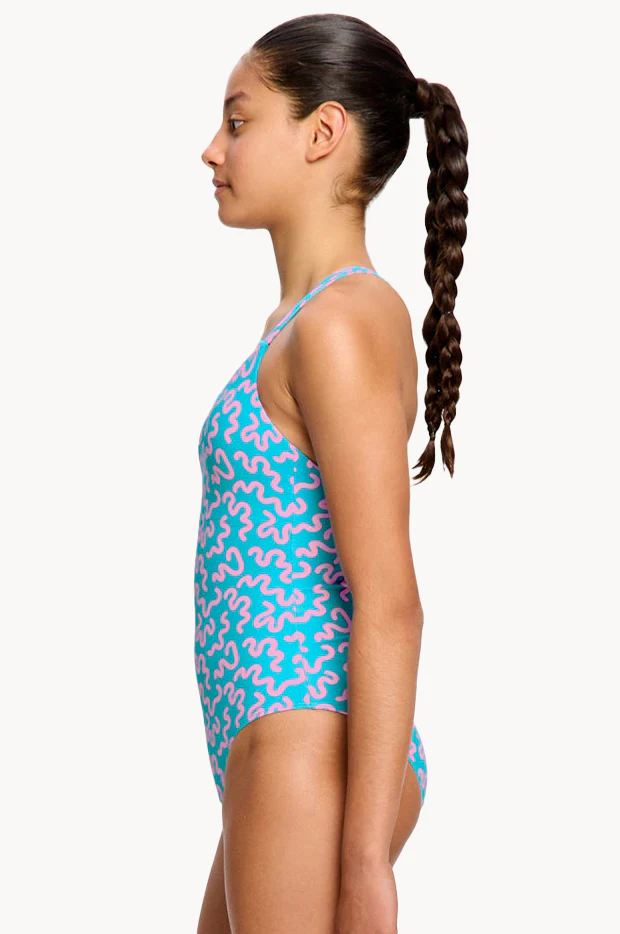 Girls Wavy Blue Cross Back One Piece - Image 3