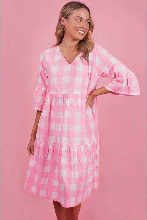Gingham Tiered 3/4 Sleeve Dress - Image 3