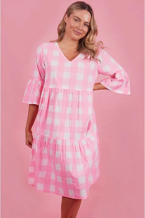 Gingham Tiered 3/4 Sleeve Dress - Image 4