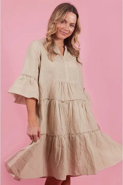 Linen Layered Frill Sleeve Dress - Image 3