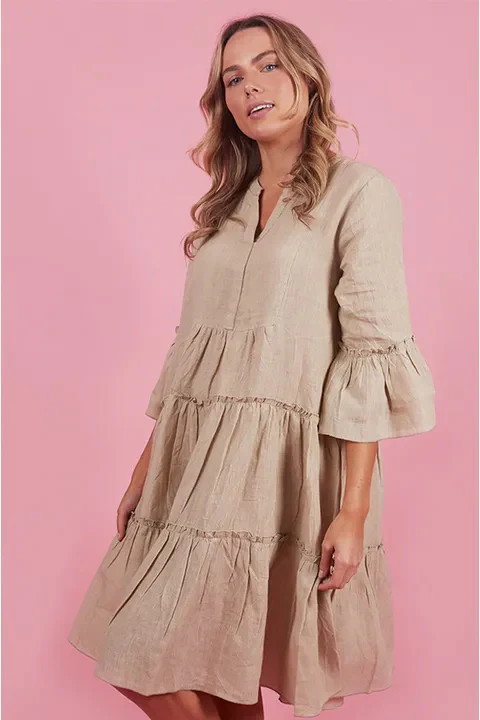 Linen Layered Frill Sleeve Dress - Image 4