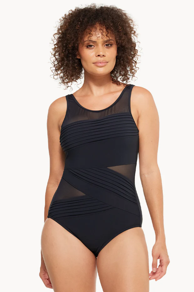 Plain Mesh Pleated High Neck One Piece - Image 2
