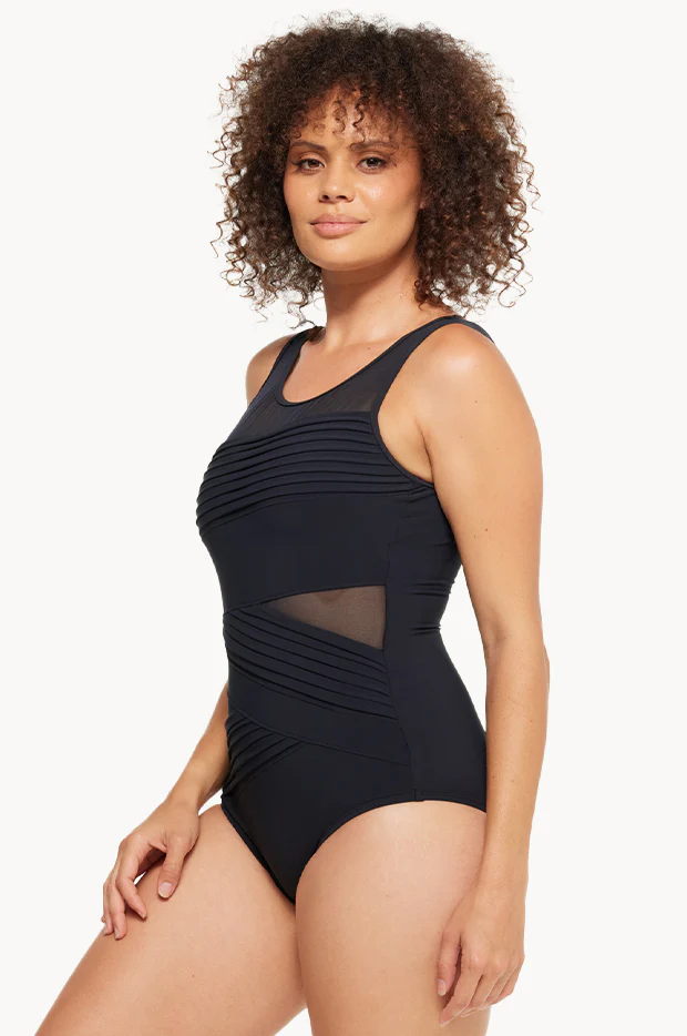 Plain Mesh Pleated High Neck One Piece - Image 4