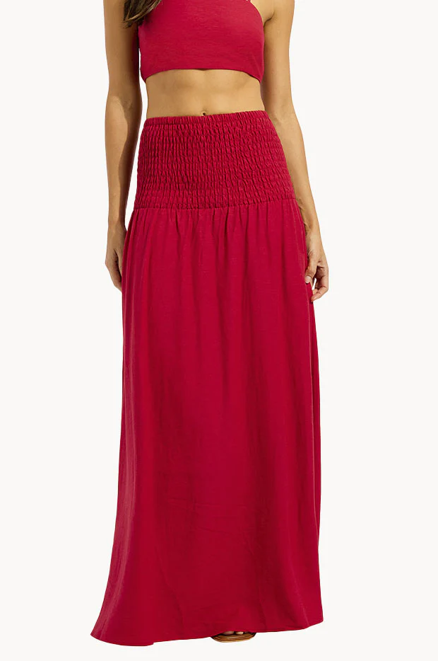 Shirred Waist Midi Skirt