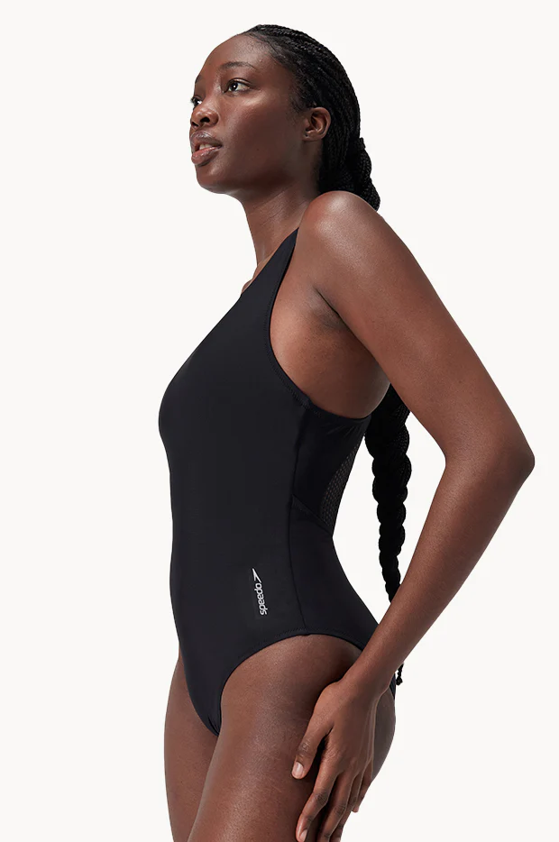 Solid Scoop Neck Mesh Back One Piece - Image 2