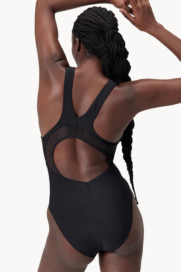 Solid Scoop Neck Mesh Back One Piece - Image 3