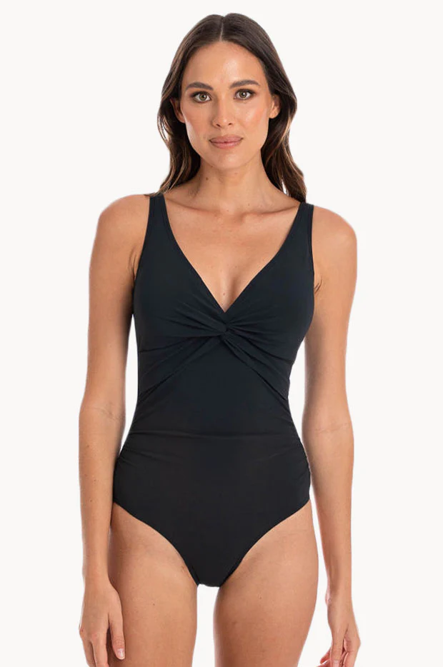 Plain Gathered Twist Front One Piece